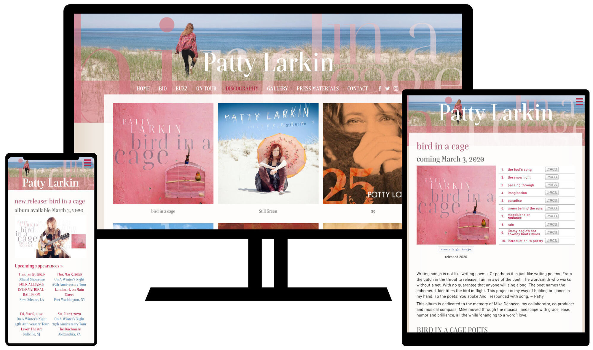 Patty Larkin's Website on desktop tablet and phone