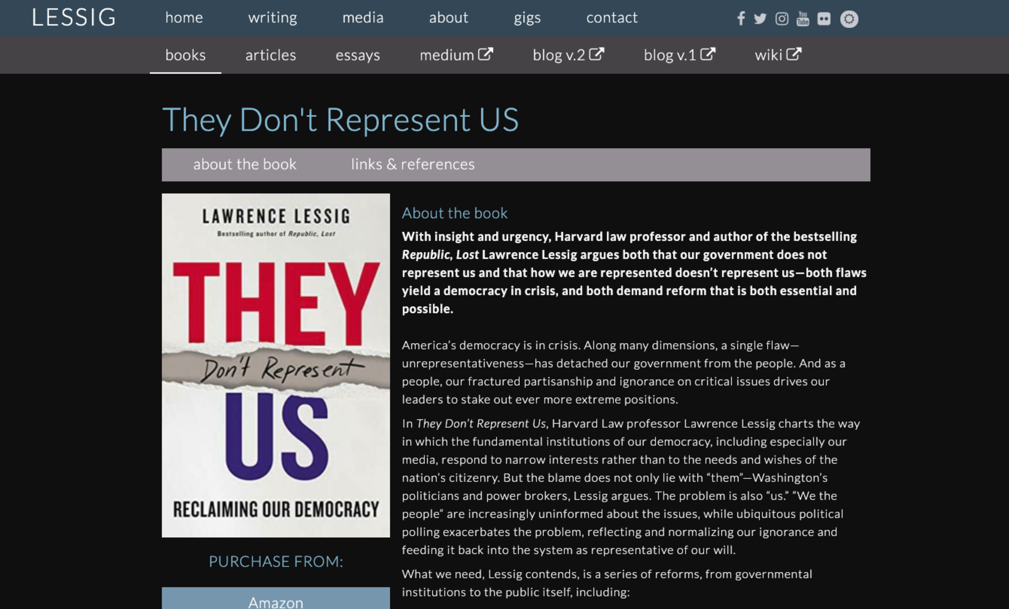 Lawrence Lessig Book page for They Dont Represent Us in darkmode