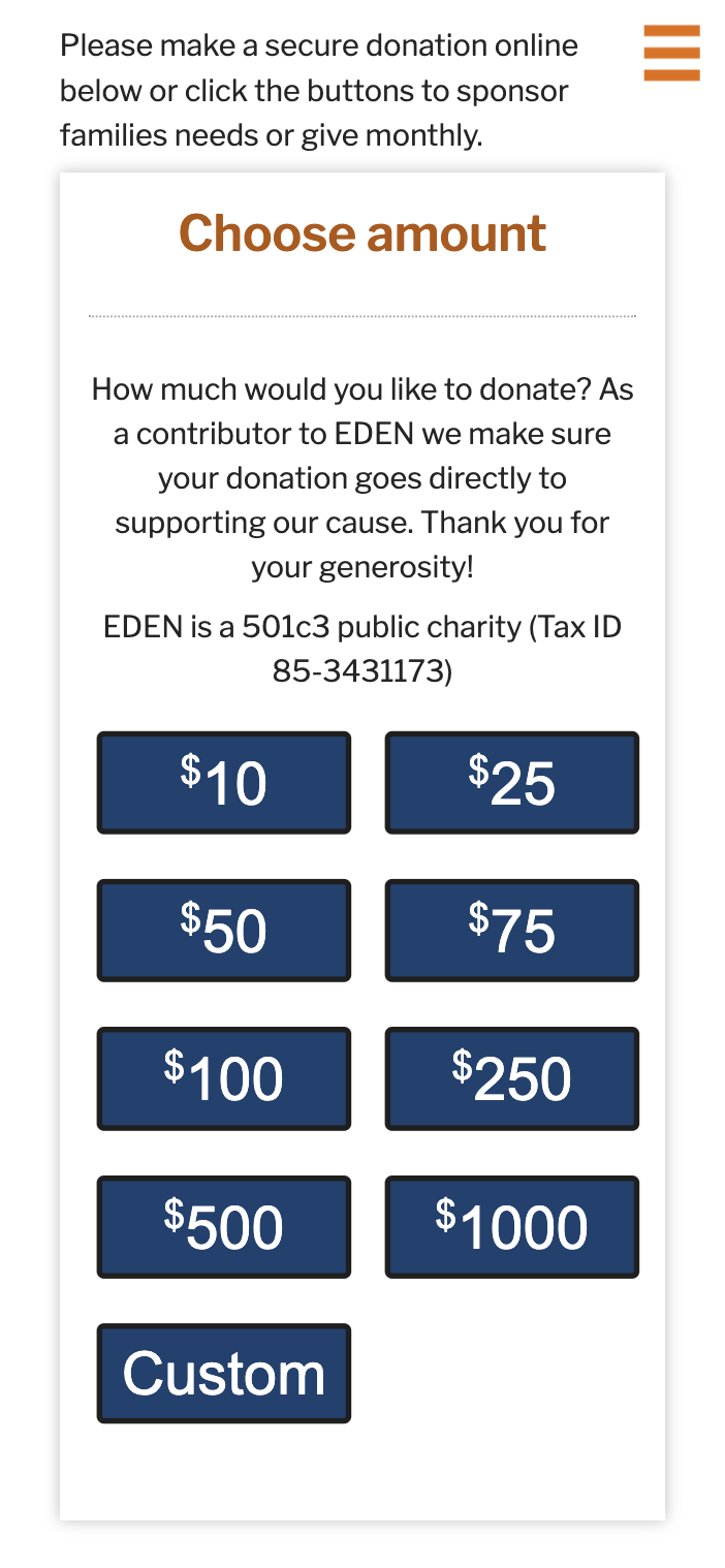 donation page for EDENMAorg on mobile device