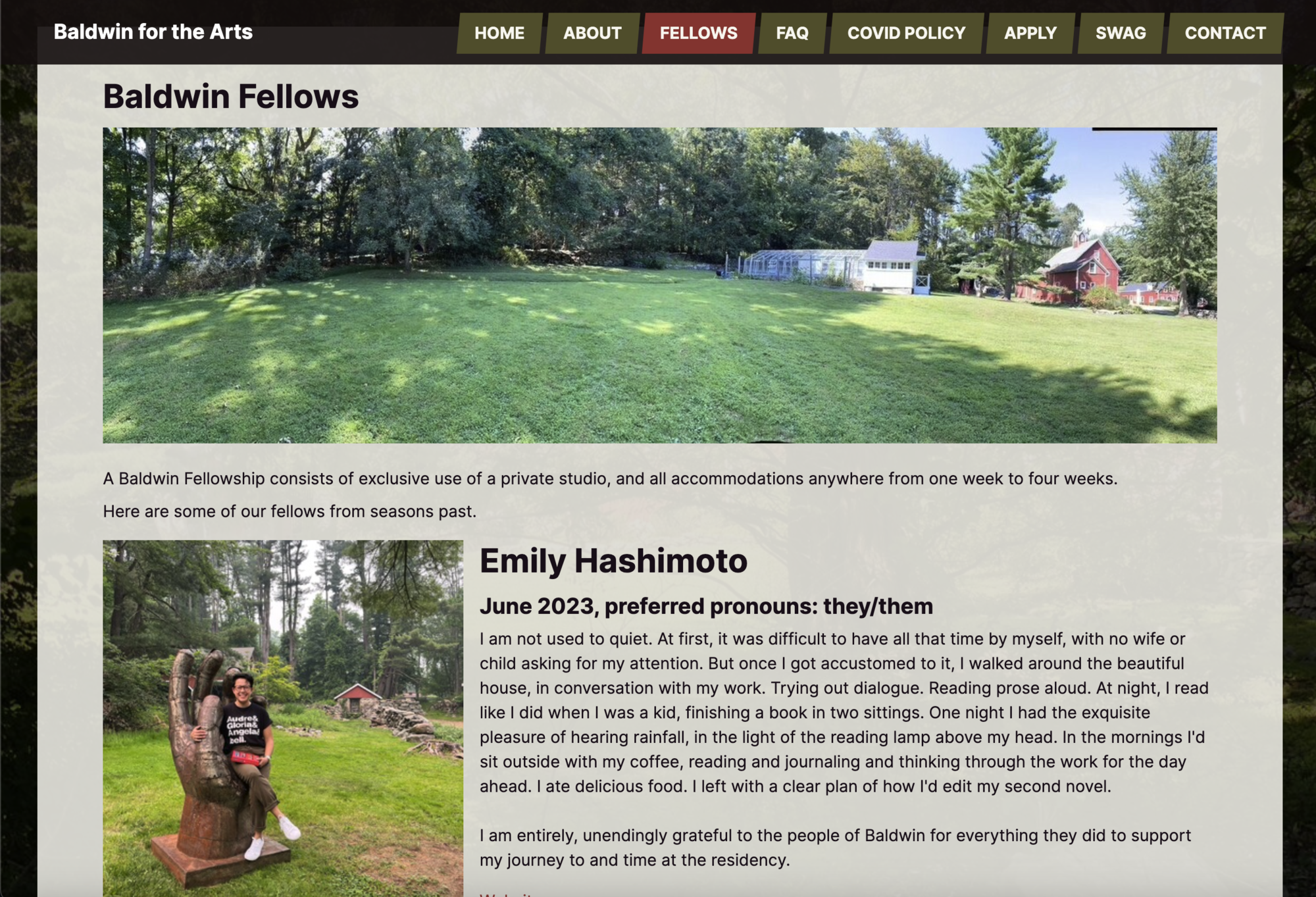 screenshot of the Baldwin Fellows showing one of the recent artists