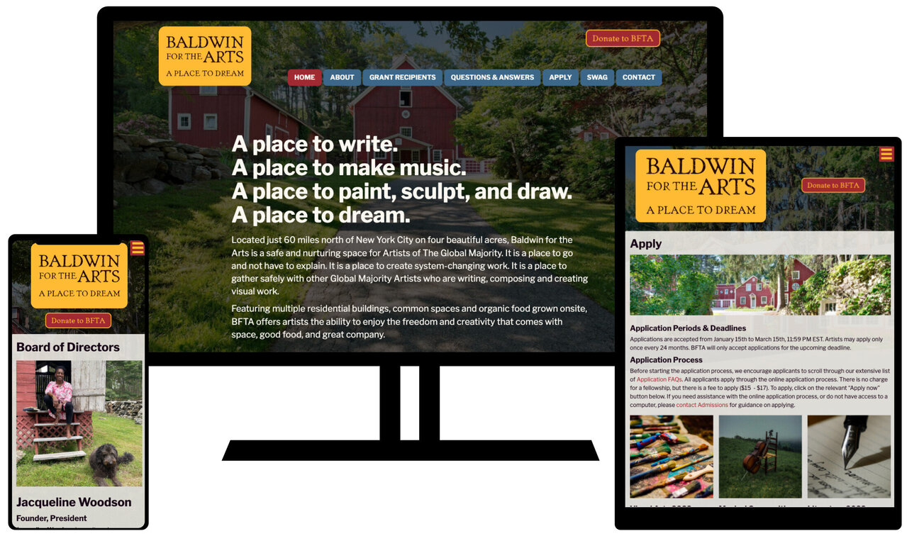custom web design screens for baldwin for the arts and jacqueline woodson
