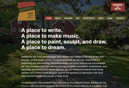 screenshot of homepage of baldwinforthearts.org - reading Al place to write, a lace to make music, a place to dream